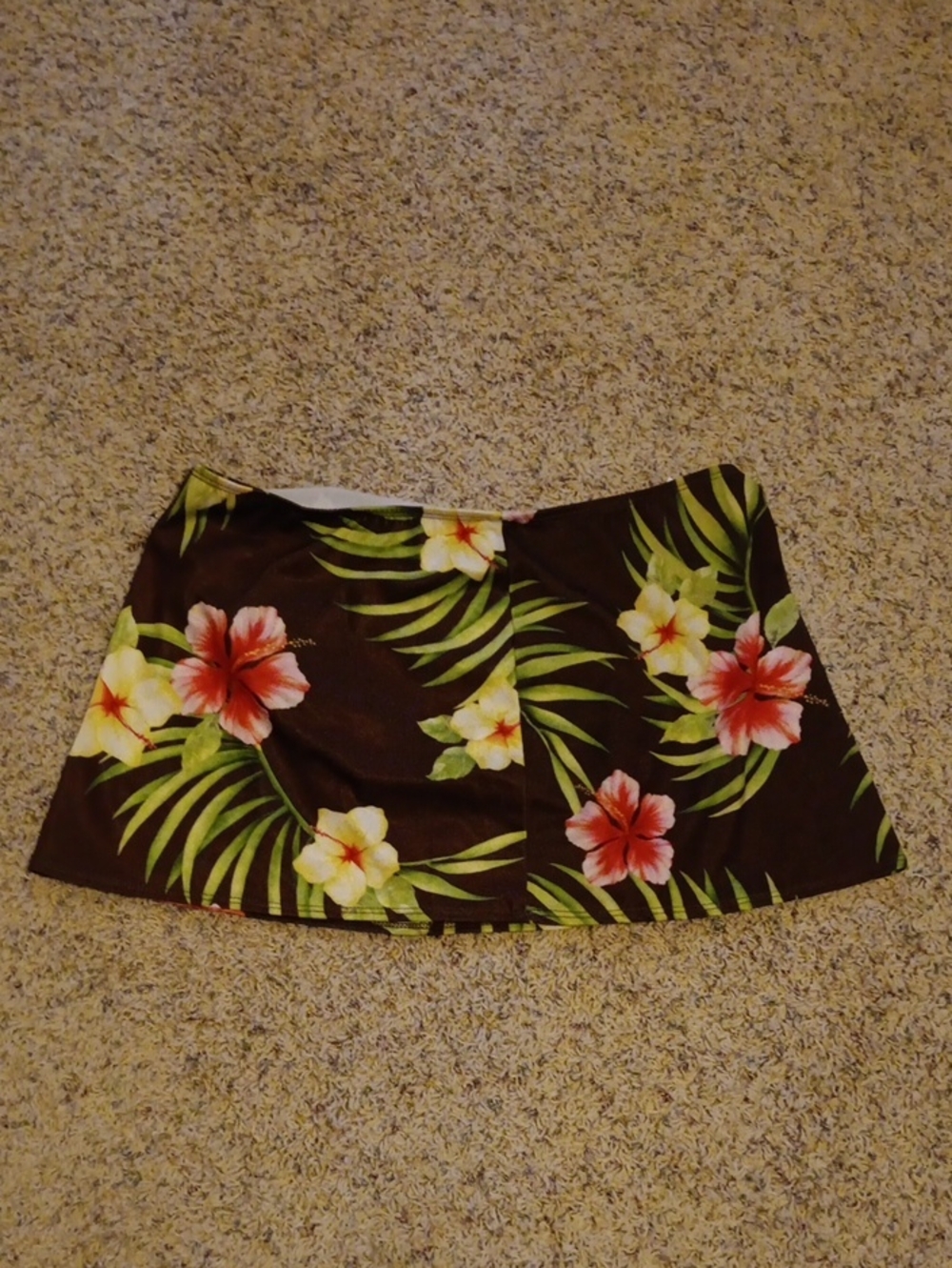 Tropical Floral Swim Mini Skirt - Brown with Green & Pink Floral Print